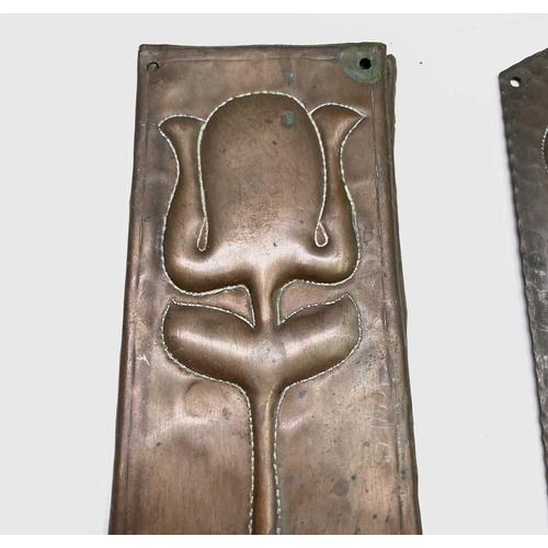 397 - A pair of Art Nouveau period copper finger plates, with embossed stylised tulip decoration, 30.5 x 7... 