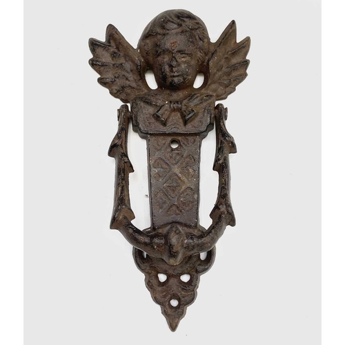 404 - Six novelty door knockers comprising cherub, (bag)piper, owl, cat, pixie, and Durham 'Sanctuary' doo... 