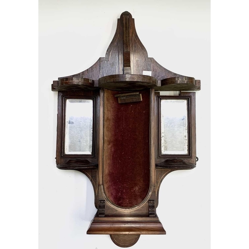 410 - A pair of Victorian rosewood and boxwood strung wall niche, each with an arched velvet lined centre ... 