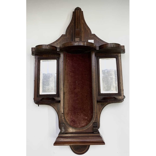 410 - A pair of Victorian rosewood and boxwood strung wall niche, each with an arched velvet lined centre ... 