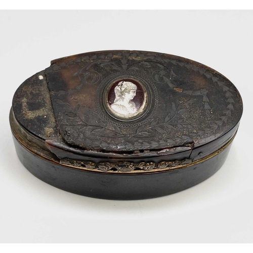 412 - A 19th century tortoiseshell and pique snuff box, with oval enamel inset portrait medallion, width 7... 