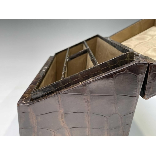 417 - An Asprey crocodile hide covered stationery box with green silk fitted interior. Maximum height 17cm... 