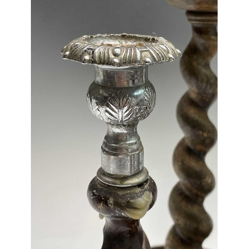 426 - A pair of oak twist candlesticks, 1920s, with metal sconces, height 20.5cm, together with other cand... 