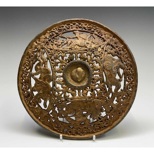 429 - A pair of cast brass circular plaques, circa 1900, pierced with Classical figures, diameter 21cm, to... 