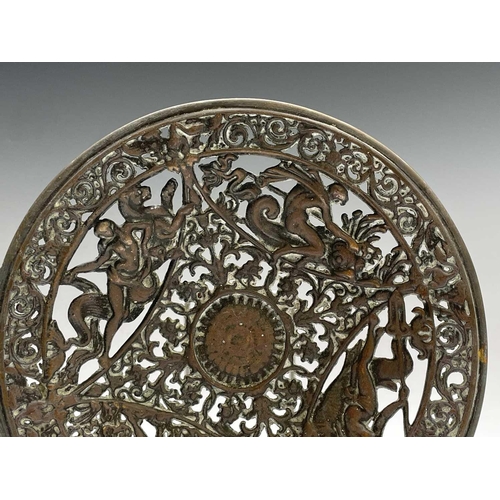 429 - A pair of cast brass circular plaques, circa 1900, pierced with Classical figures, diameter 21cm, to... 