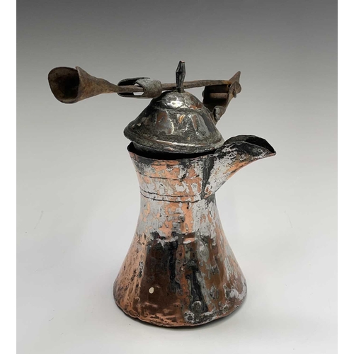 435 - Miscellaneous copperware to include an Eastern pot, an egg coddler and a spirit kettle on stand.