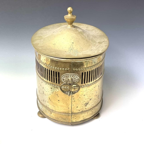 440 - An oval brass Regency style coal bin and cover, circa 1920, with side handles and liner, width 42cm.