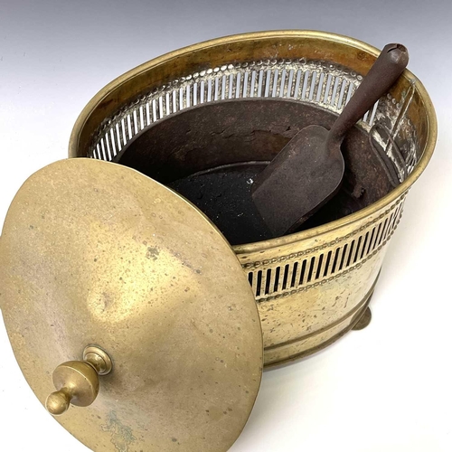 440 - An oval brass Regency style coal bin and cover, circa 1920, with side handles and liner, width 42cm.