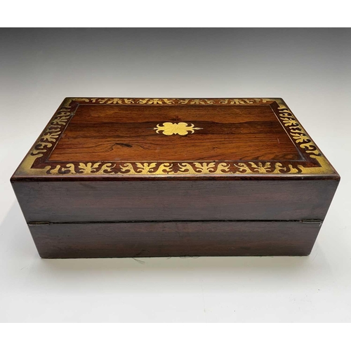 447 - An early Victorian rosewood and cut brass inlaid writing box, with nicely fitted interior with secre... 