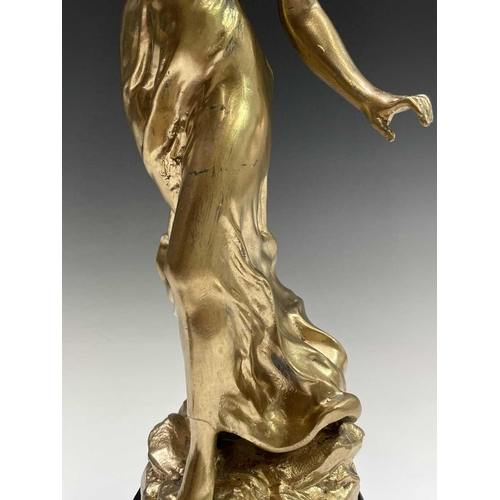 455 - A French gilt spelter figure of a lady, signed Ruchot, height 49cm, together with another, smaller f... 