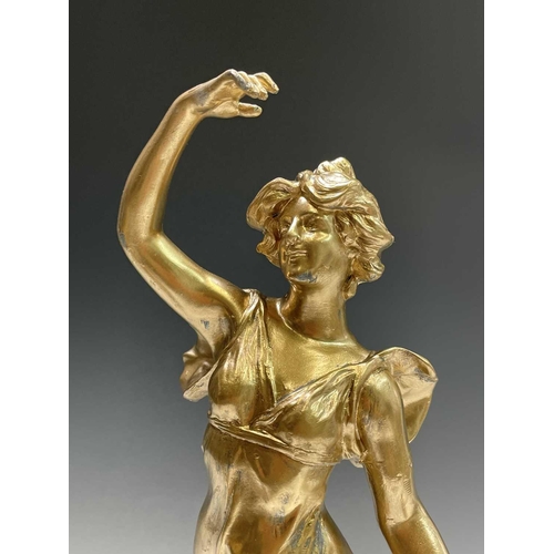 455 - A French gilt spelter figure of a lady, signed Ruchot, height 49cm, together with another, smaller f... 