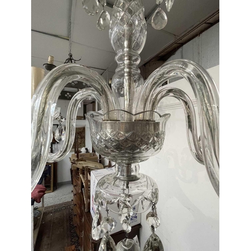 459 - A hanging glass electrolier, fitted with four scrolling branches, height 74cm, together with a pair ... 