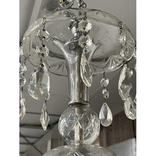 459 - A hanging glass electrolier, fitted with four scrolling branches, height 74cm, together with a pair ... 