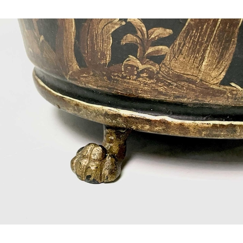 466 - A chinoiserie tole ware planter, early 20th century, with gilt lion paw feet, height 15cm, diameter ... 