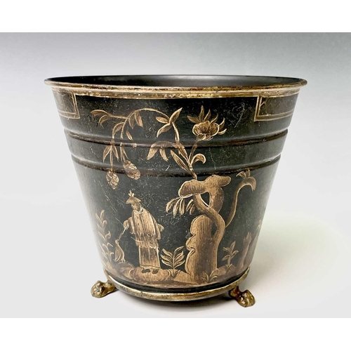 466 - A chinoiserie tole ware planter, early 20th century, with gilt lion paw feet, height 15cm, diameter ... 