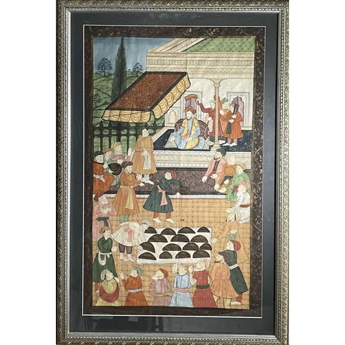 469 - A large Persian watercolour on silk, of a courtyard scene, 88 x 57.5cm.