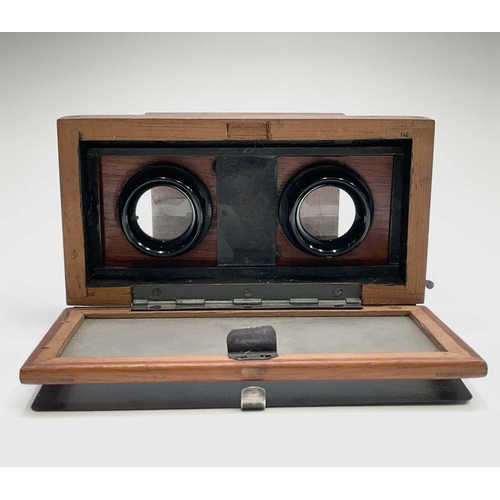 47 - A mahogany folding stereoscope viewer, labelled for Verascope Richard, width 12.5cm, together with a... 