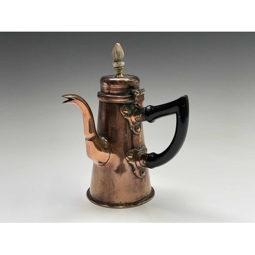 475 - A 19th century copper chocolate pot and cover, height 18cm, together with two ethnic figures, brassw... 