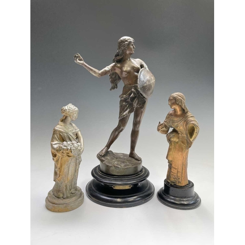 477 - A French spelter figure, circa 1900, titled 'Amazone Combattant', height 47cm, together with two oth... 