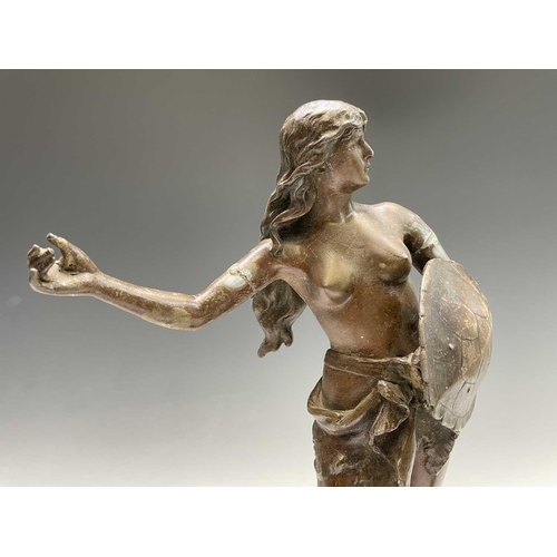 477 - A French spelter figure, circa 1900, titled 'Amazone Combattant', height 47cm, together with two oth... 