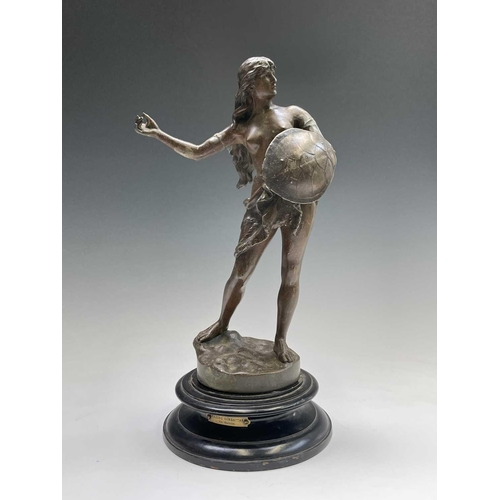 477 - A French spelter figure, circa 1900, titled 'Amazone Combattant', height 47cm, together with two oth... 