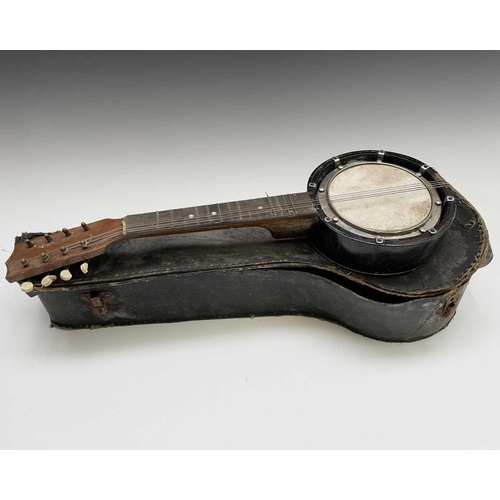 51 - A 20th century eight string mandolin banjo with mother of pearl fret markers, cased.