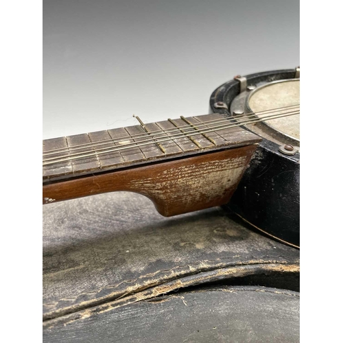 51 - A 20th century eight string mandolin banjo with mother of pearl fret markers, cased.