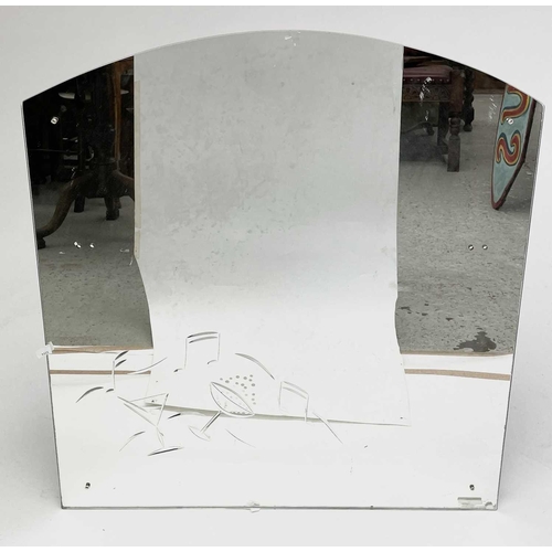 52 - An Art Deco arched top frameless mirror engraved with cocktail glasses and musical notes. Height 81.... 