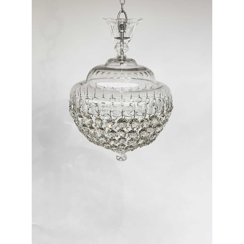 53 - A cut glass electrolier, 20th century, with domed circular top and pendant bag drops, diameter 28cm.