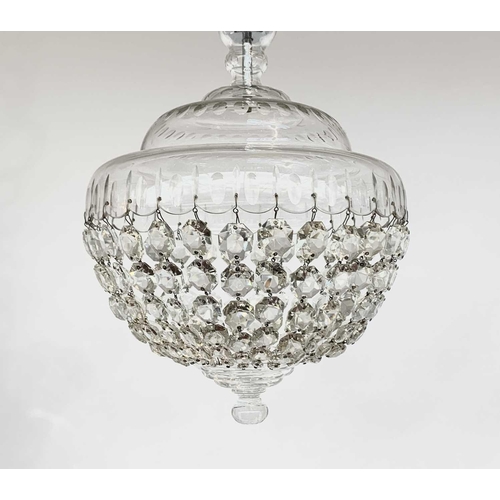 53 - A cut glass electrolier, 20th century, with domed circular top and pendant bag drops, diameter 28cm.