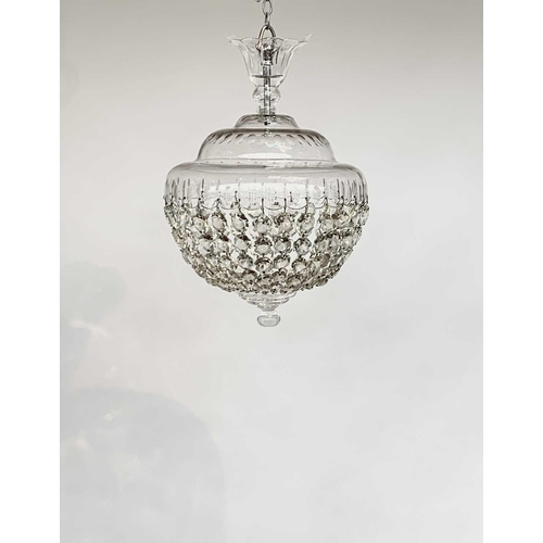 53 - A cut glass electrolier, 20th century, with domed circular top and pendant bag drops, diameter 28cm.