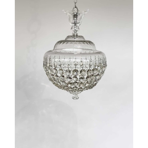 53 - A cut glass electrolier, 20th century, with domed circular top and pendant bag drops, diameter 28cm.