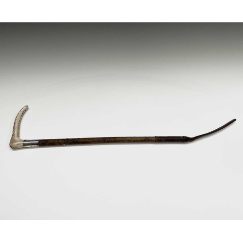 54 - A Swaine hunting whip, with antler grip, hallmarked collar engraved with initials 'P.M.R', and plait... 