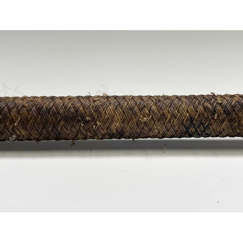 54 - A Swaine hunting whip, with antler grip, hallmarked collar engraved with initials 'P.M.R', and plait... 