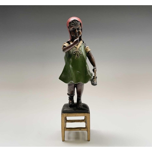 57 - After Juan Clena, a painted bronze sculpture of a girl standing on a stool. Height 37cm.