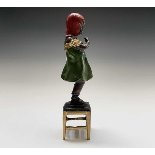 57 - After Juan Clena, a painted bronze sculpture of a girl standing on a stool. Height 37cm.