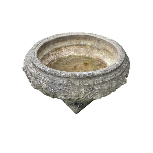 609 - A reconstituted stone planter of circular font form, diameter 68cm, raised on associated base, toget... 