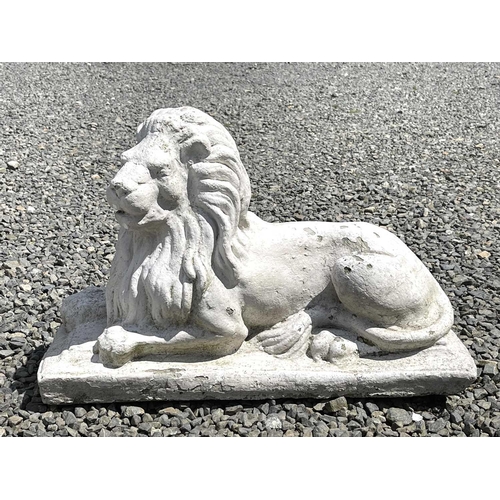 610 - A pair of white painted composition stone recumbent lion garden ornaments. Height 35cm, width 58cm, ... 