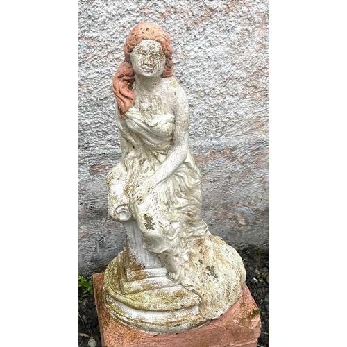 611 - A garden sculpture of a woman seated on a column. Height 76cm.