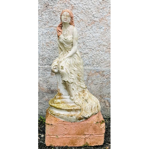 611 - A garden sculpture of a woman seated on a column. Height 76cm.