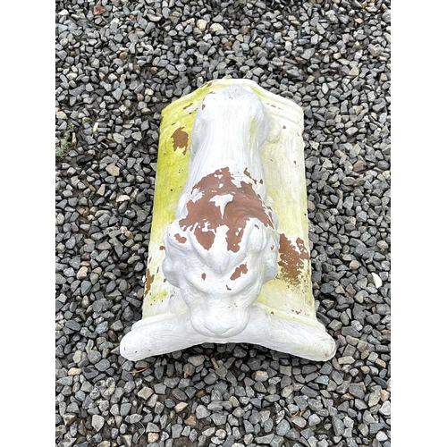 631 - A white painted terracotta roof tile, mounted with a figure of a lion, length 46cm.