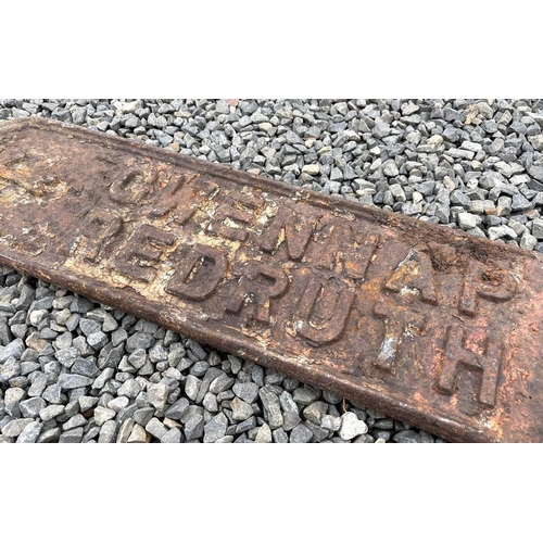 637 - A vintage cast iron finger post road sign, Gwenap-Redruth, Lamorran-Ruan with diamond topped post, h... 