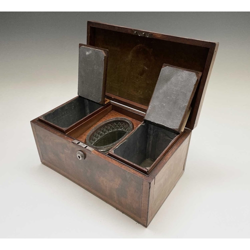 65 - A George III mahogany and satinwood banded tea caddy, the oval silver ring handle stamped with maker... 