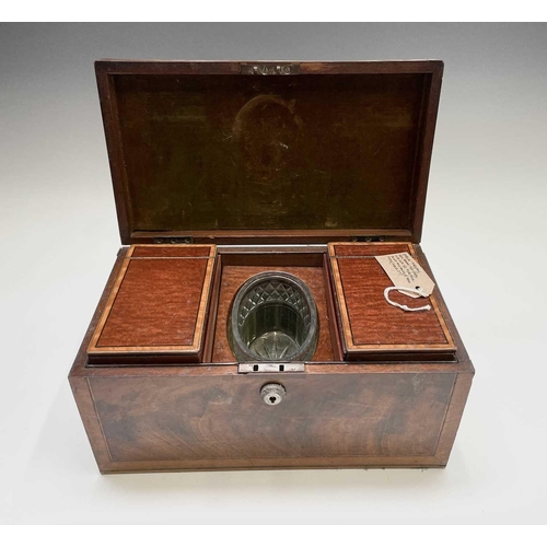 65 - A George III mahogany and satinwood banded tea caddy, the oval silver ring handle stamped with maker... 