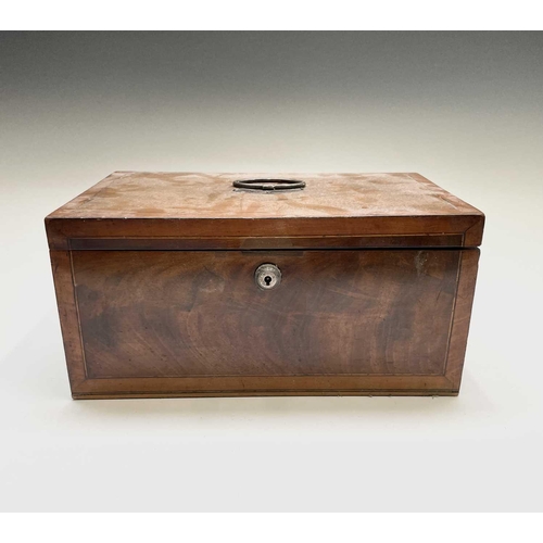 65 - A George III mahogany and satinwood banded tea caddy, the oval silver ring handle stamped with maker... 