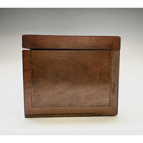 65 - A George III mahogany and satinwood banded tea caddy, the oval silver ring handle stamped with maker... 