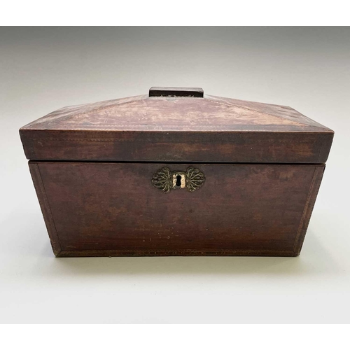 66 - A George III mahogany and chevron banded sarcophagus form tea caddy, internally fitted with a cut gl... 