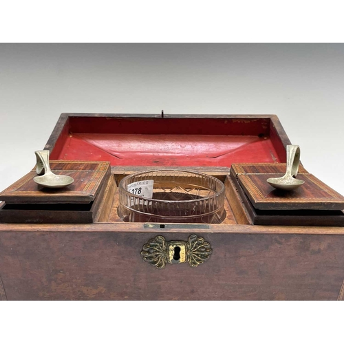 66 - A George III mahogany and chevron banded sarcophagus form tea caddy, internally fitted with a cut gl... 