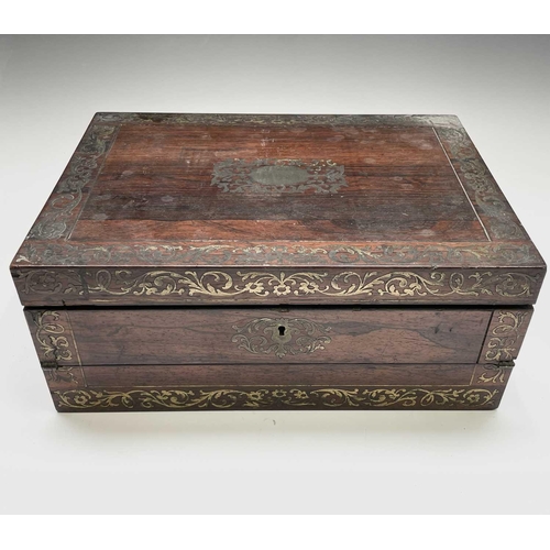 70 - An early Victorian rosewood and brass inlaid writing slope, the interior with tooled leather and vel... 