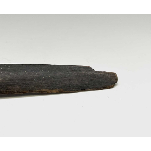 76 - A Victorian ebonised wood paper knife, the plated terminal cast with four grotesque faces. Length 34... 